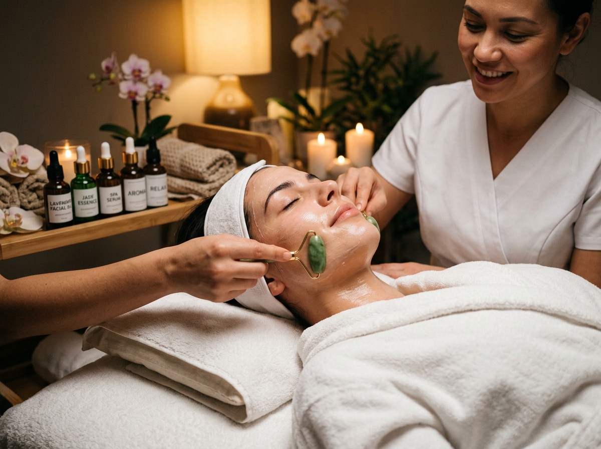 Woman receiving luxurious facial treatment