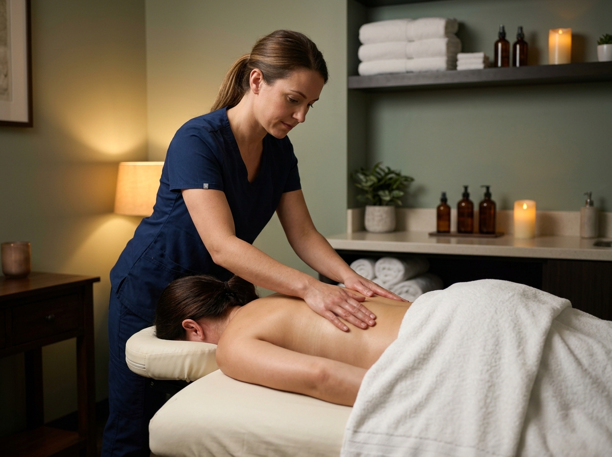 Professional therapist performing relaxing back massage